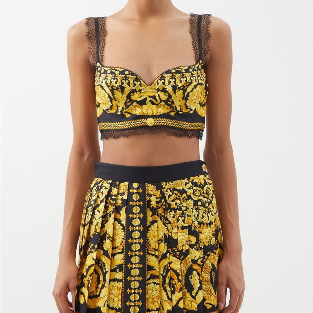 Baroque-Print Lace-Trimmed Silk-Twill Top